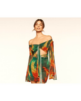 Avinci sheer off shoulder tie front mini dress close-up detail