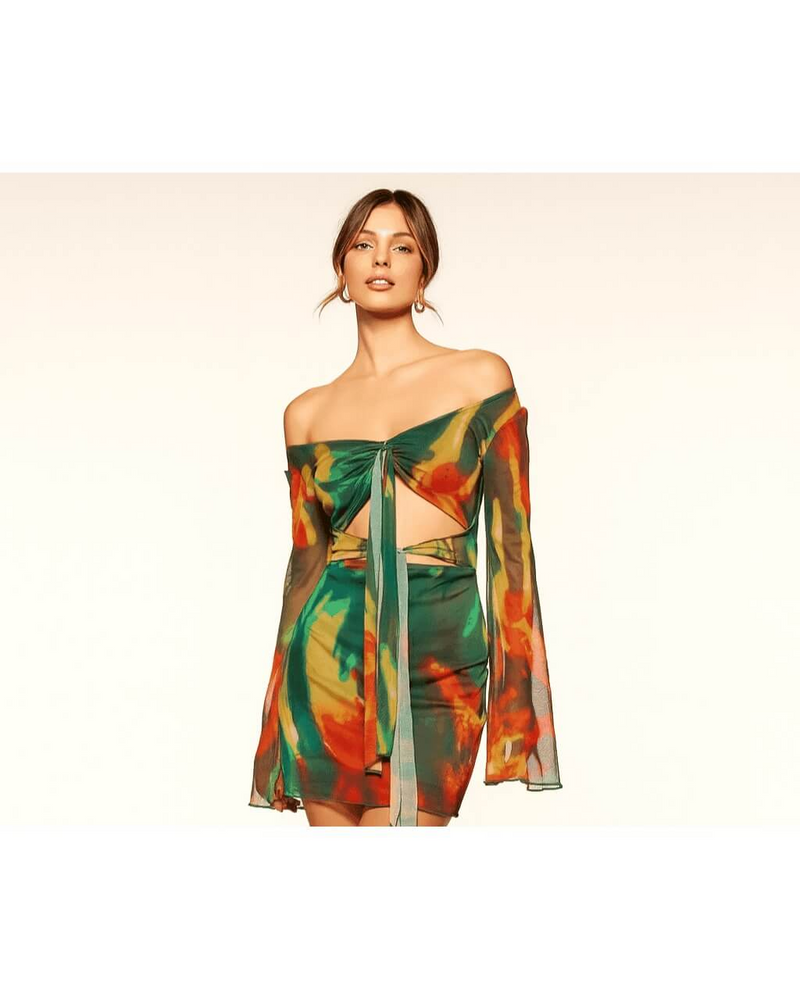 Avinci sheer off shoulder tie front mini dress close-up detail