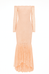 Beige floral bodycon beige lace off-shoulder maxi dress main display