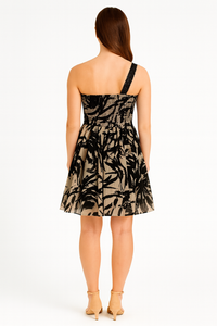 Back view of black beige chiffon one shoulder mini dress showcasing elegant drape and fit