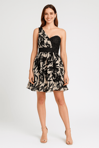 Front view of black beige chiffon one shoulder evening mini dress with flowing silhouette