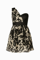 Black and beige chiffon one shoulder evening style mini dress, elegant and lightweight