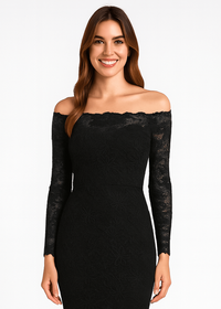 Closeup of black lace and floral pattern on bodycon off-shoulder maxi dress