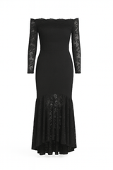 Black floral bodycon red lace off-shoulder maxi dress