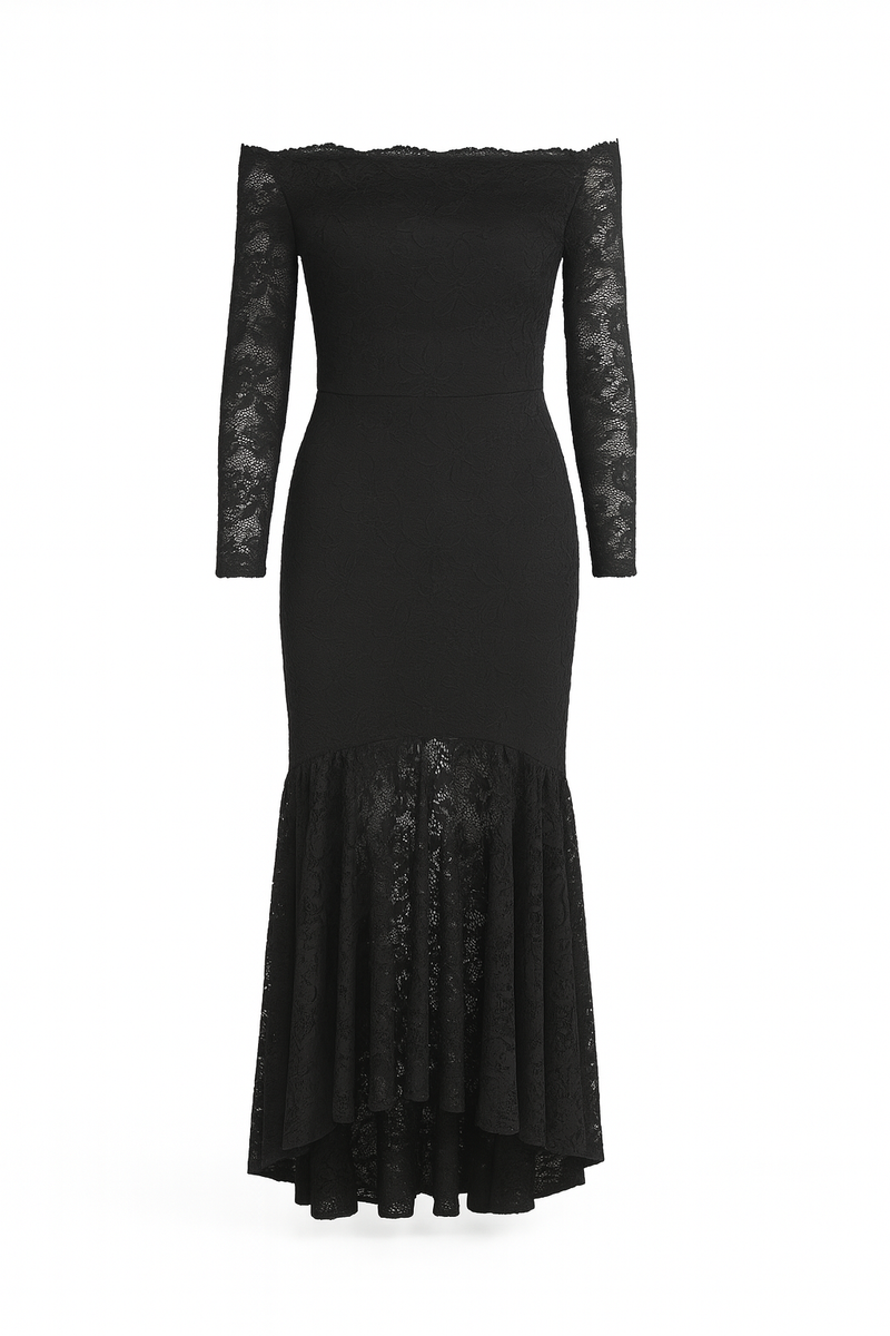 Black floral bodycon red lace off-shoulder maxi dress