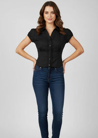 Black Puff Short Sleeve Collared Fitted Shirt