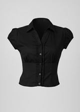 Black Puff Short Sleeve Collared Fitted Shirt