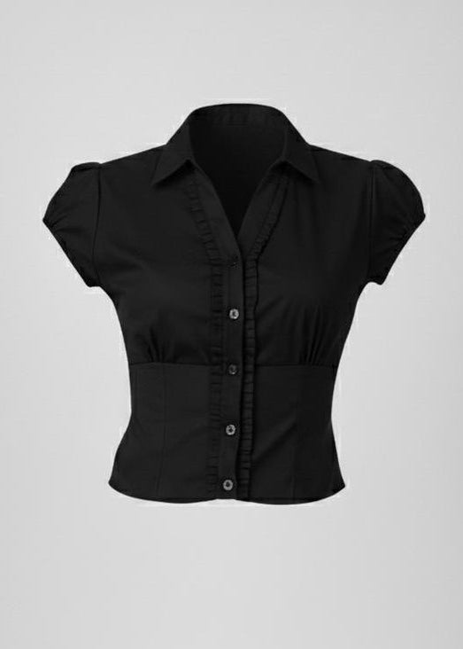 Black Puff Short Sleeve Collared Fitted Shirt