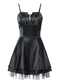 Black Satin Babydoll Mini Dress Embellished Design
