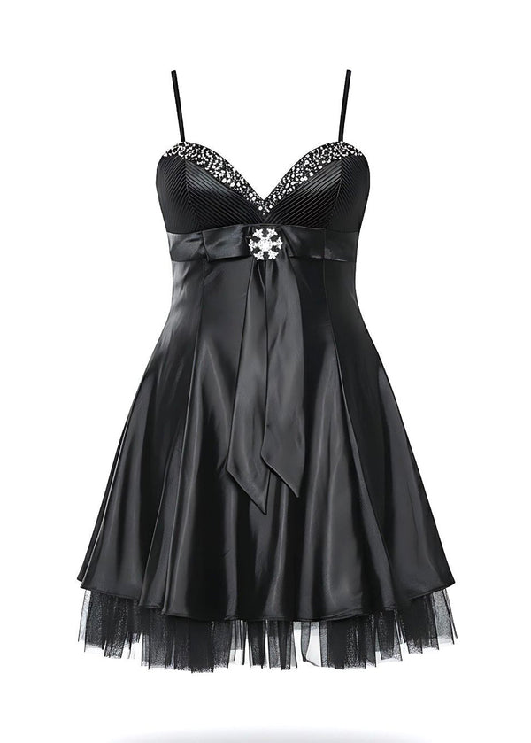 Black Satin Snowflake Embellished Babydoll Mini Dress
