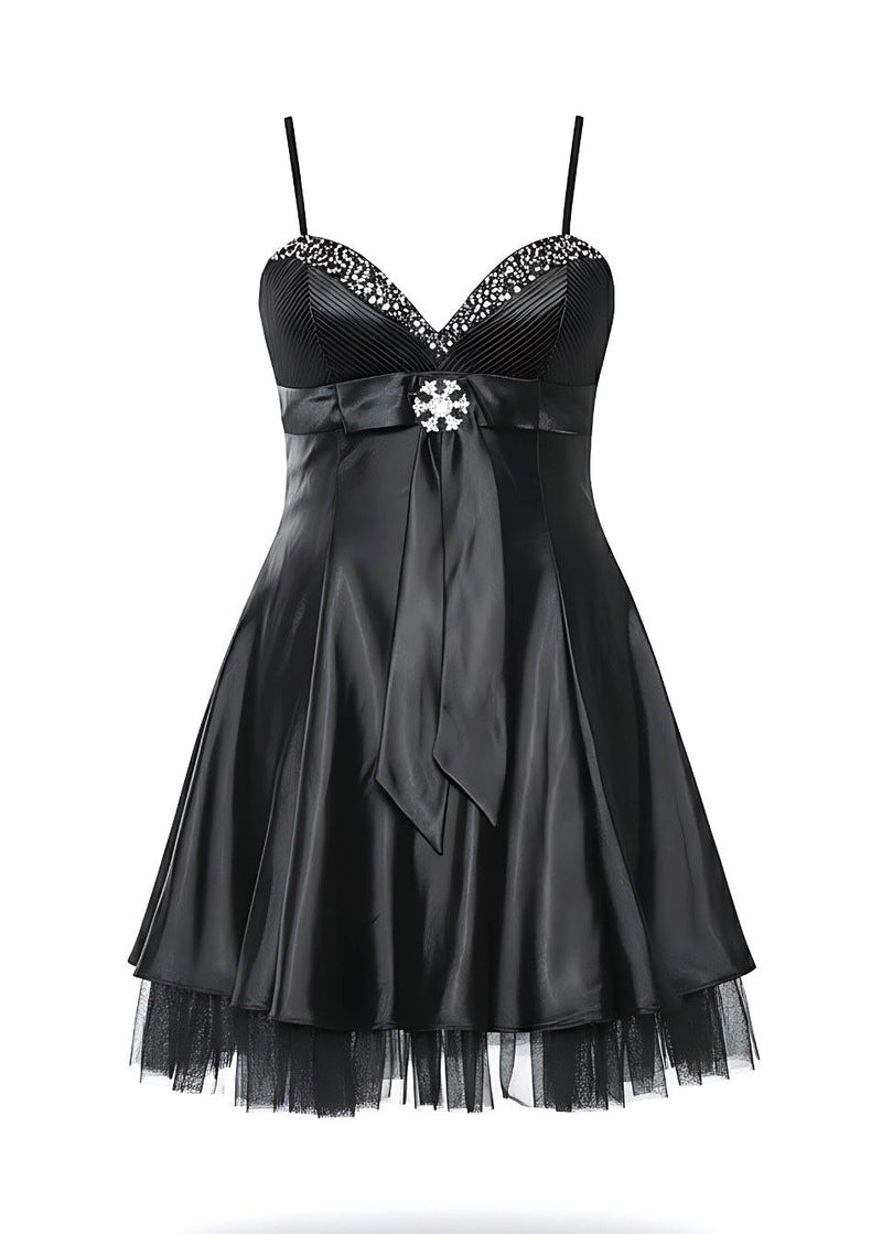 Black Satin Snowflake Embellished Babydoll Mini Dress