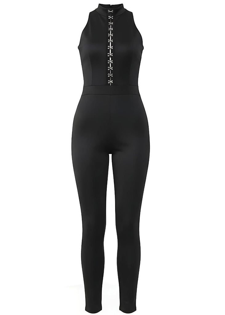 Black Scuba Bodycon Jumpsuit with Hook and Eye Detail