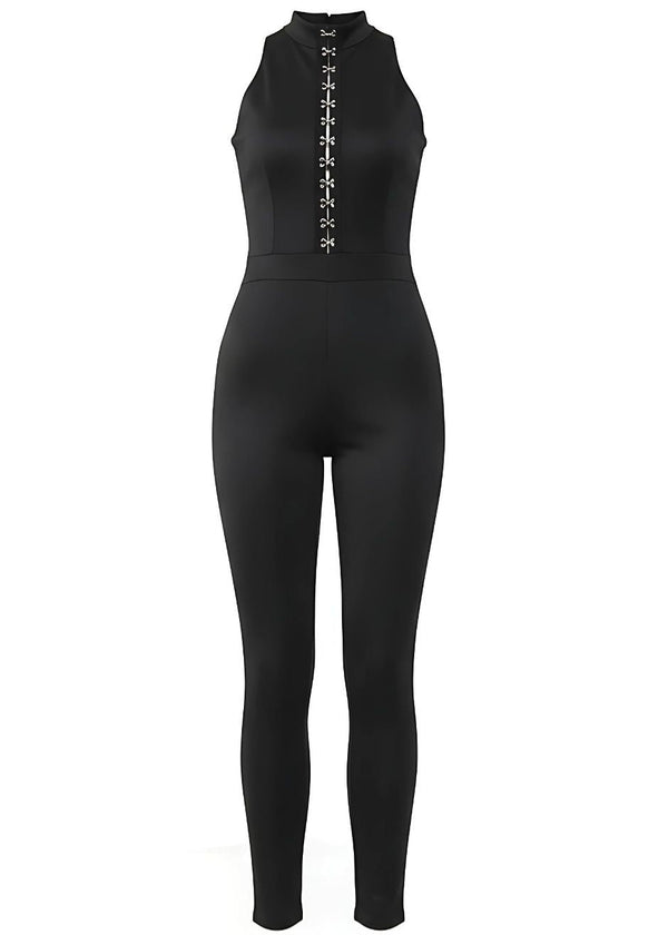 Black Scuba Bodycon Jumpsuit with Hook and Eye Detail