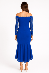 Back view of blue floral lace bodycon off-shoulder maxi dress