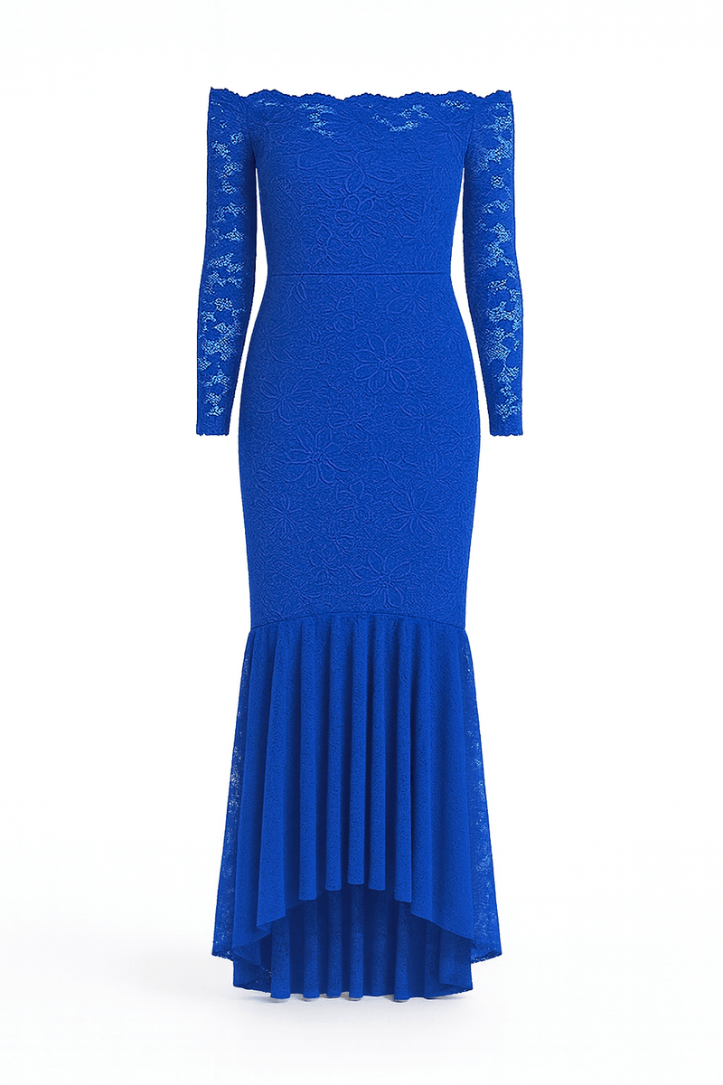Blue floral bodycon blue lace off-shoulder maxi dress