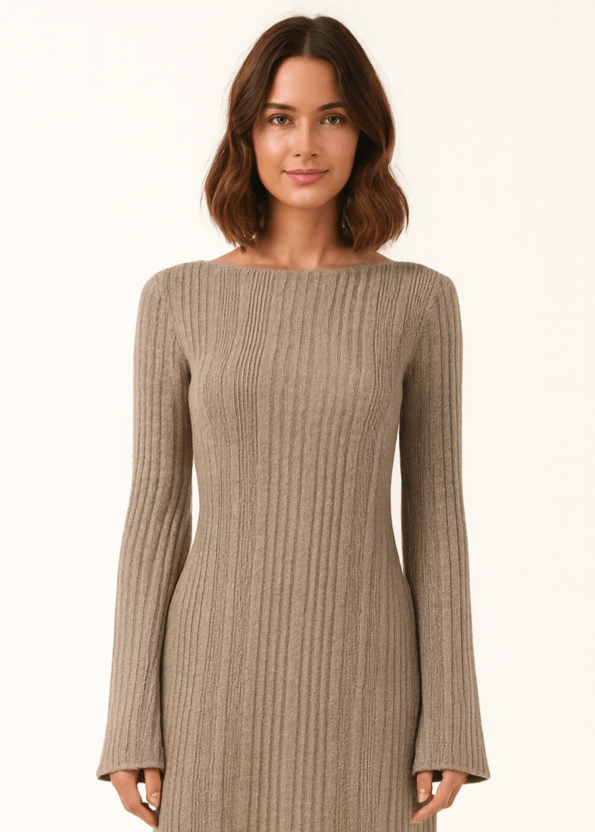 Close-up of boat neck casual ribbed knit bodycon mini dress front