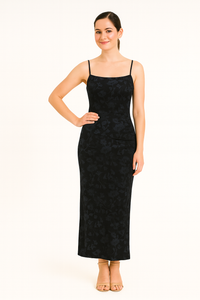 Front view of bodycon spaghetti straps floral velvet burnout maxi dress showcasing fitted silhouette
