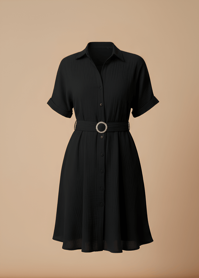 Stylish Circle Buckle Waist Belt Collared A-Line Dress