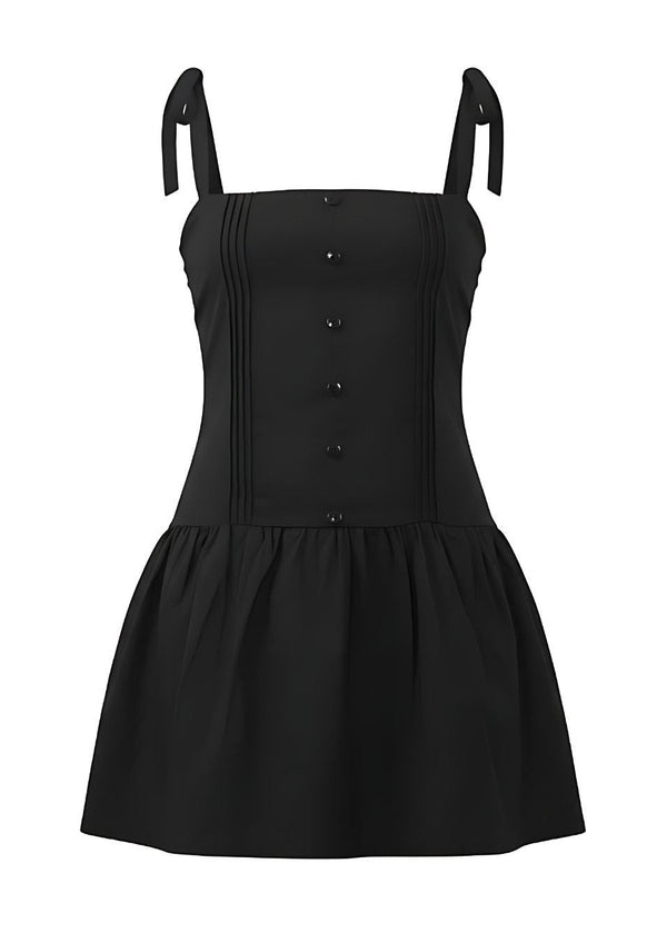 Black Button-Down Strap Mini Dress Bodice & Flared Hem