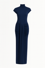 Cap sleeve jersey ruched waist maxi style evening gown, elegant fitted long dress for formal occasions blue color