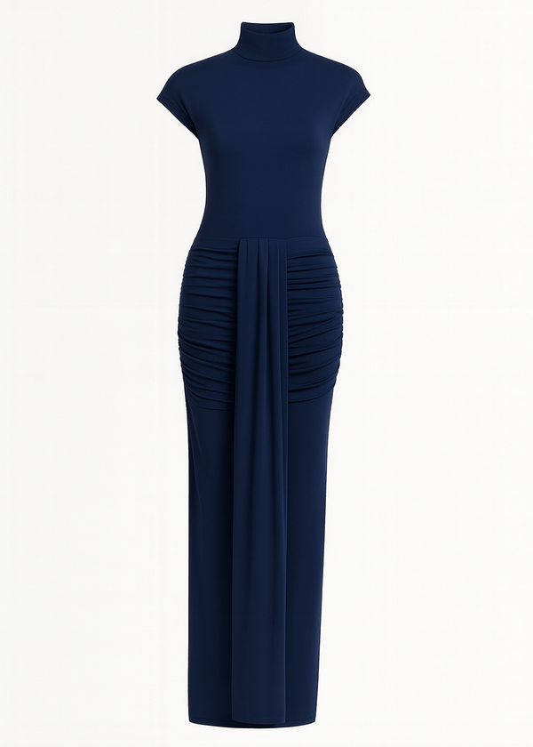Cap sleeve jersey ruched waist maxi style evening gown, elegant fitted long dress for formal occasions blue color