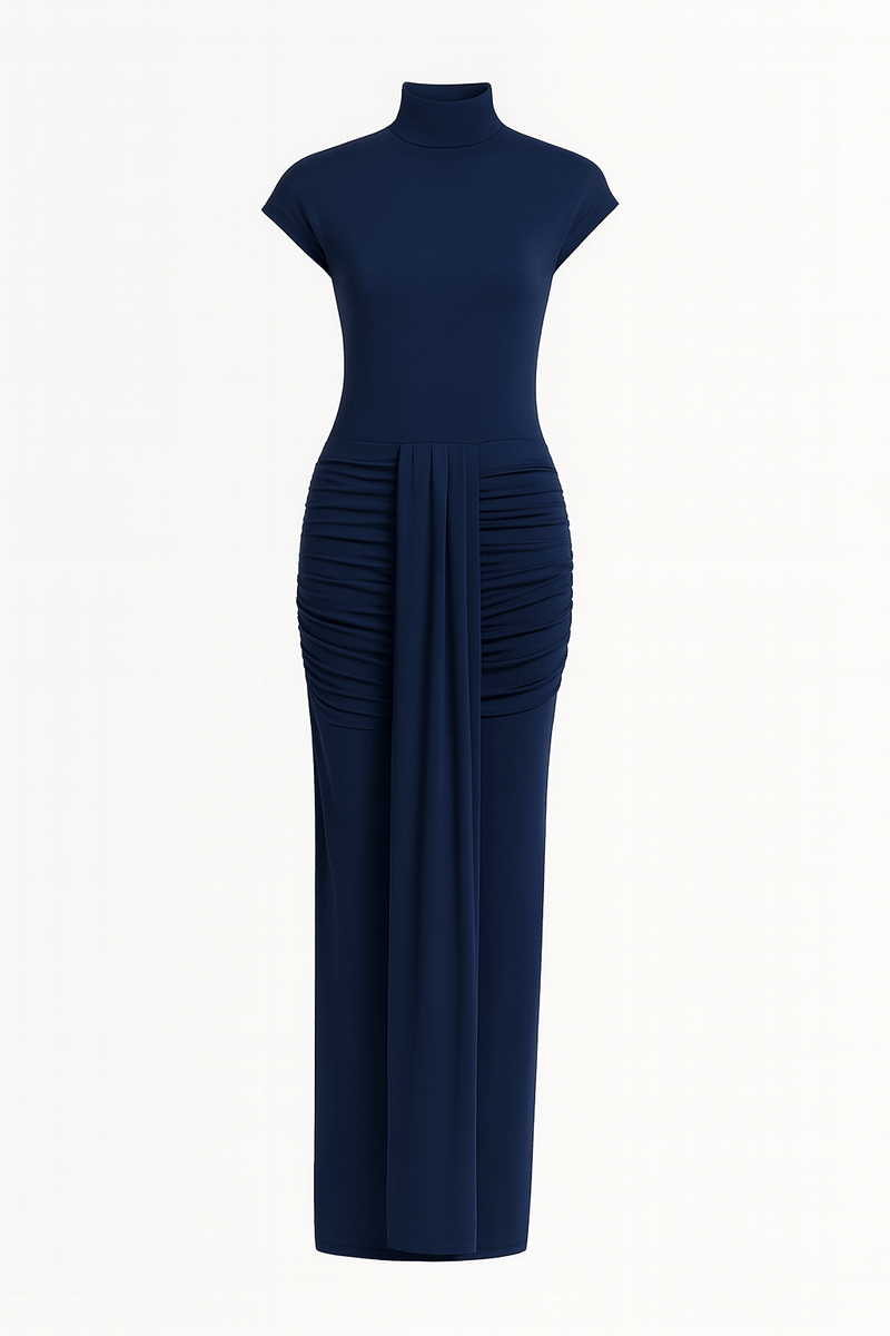 Cap sleeve jersey ruched waist maxi style evening gown, elegant fitted long dress for formal occasions blue color