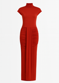 Cap sleeve jersey ruched waist maxi style evening gown, elegant fitted long dress for formal occasions