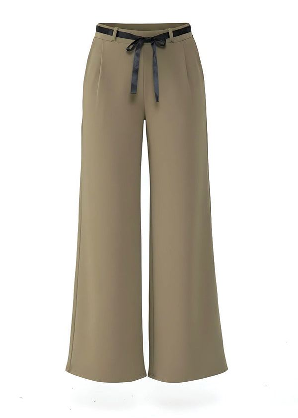 Chic Khaki Belted Wide Leg Crepe Trousers