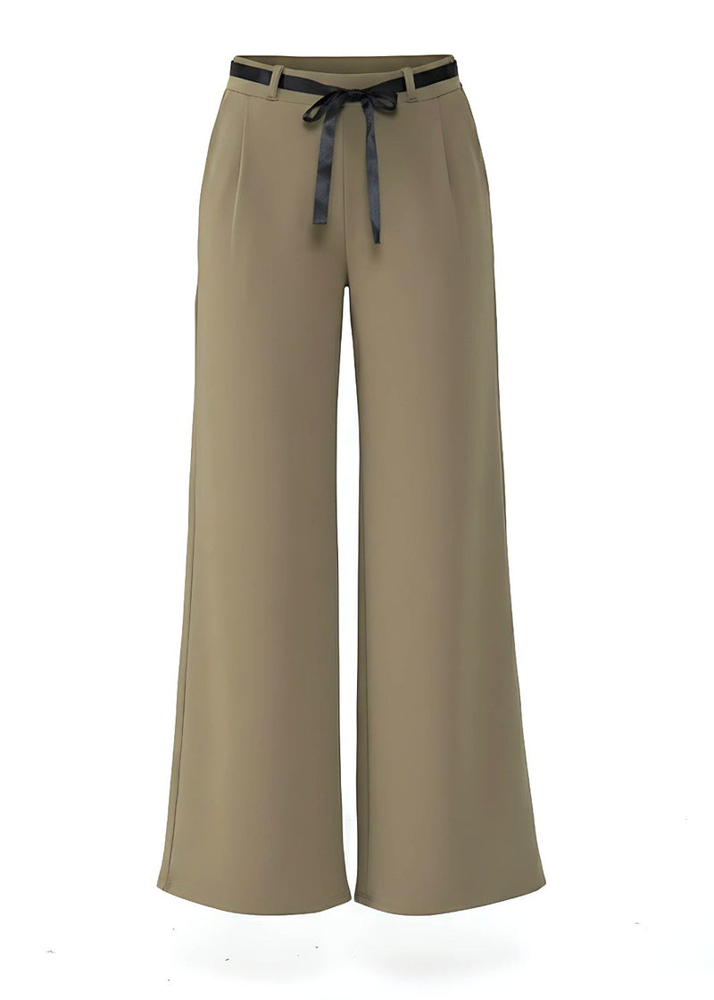 Chic Khaki Belted Wide Leg Crepe Trousers
