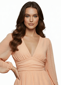 Chiffon Ruffle V Neckline Balloon Sleeves Dress