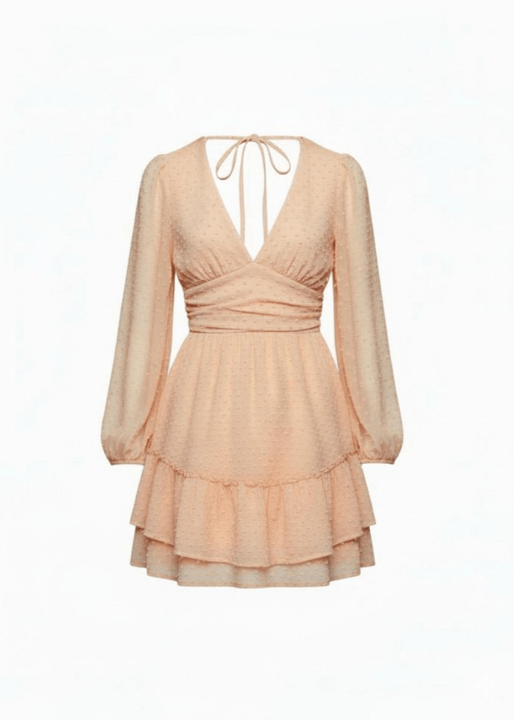 Chiffon Ruffle V Neckline Balloon Sleeves Dress