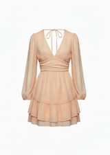 Chiffon Ruffle V Neckline Balloon Sleeves Dress