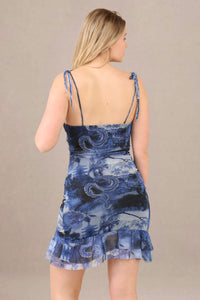 Avinci Blue Dragon Print Ruched Mesh Mini Dress - Mini Dress - Avinci
