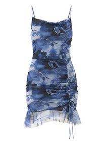 Printed Mesh Mini Dress Dragon Print Ruched Bodice