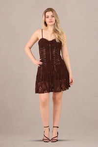 Avinci Chocolate Lace Corset Detail Mini Dress - Mini Dress - Avinci