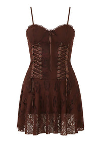 Brown Corset Style Detail Bodycon Brown Lace Panel Mini Dress