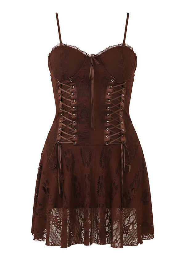 Corset Style Detail Bodycon Brown Lace Panel Mini Dress