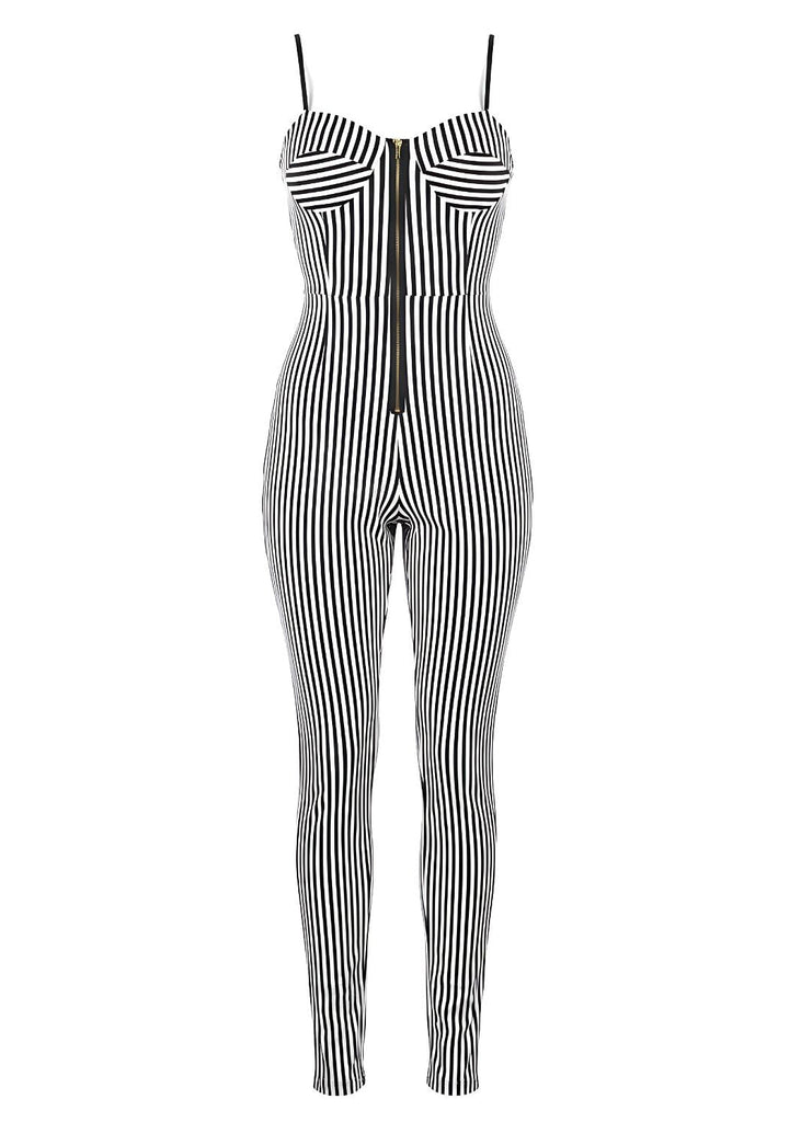 Cup Detail Fitted Chic Style Black & White Zip Front Jumpsuit