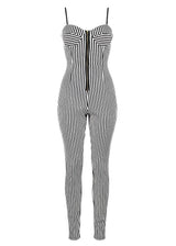 Cup Detail Fitted Chic Style Black & White Zip Front Jumpsuit