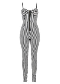 Cup Detail Fitted Chic Style Black & White Zip Front Jumpsuit
