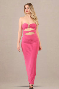 Close-up of cut-out bandeau bodycon fit maxi dress front