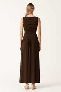 Draped bodice jersey flowy skirt style evening dress, elegant soft fabric gown back look