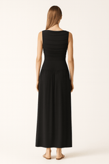 Draped bodice jersey flowy skirt style evening dress, elegant soft fabric gown black color back look