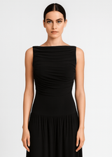 Draped bodice jersey flowy skirt style evening dress, elegant soft fabric gown black color closeup