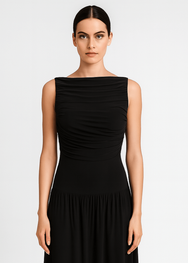 Draped bodice jersey flowy skirt style evening dress, elegant soft fabric gown black color closeup