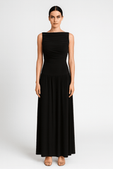 Draped bodice jersey flowy skirt style evening dress, elegant soft fabric gown front look black color