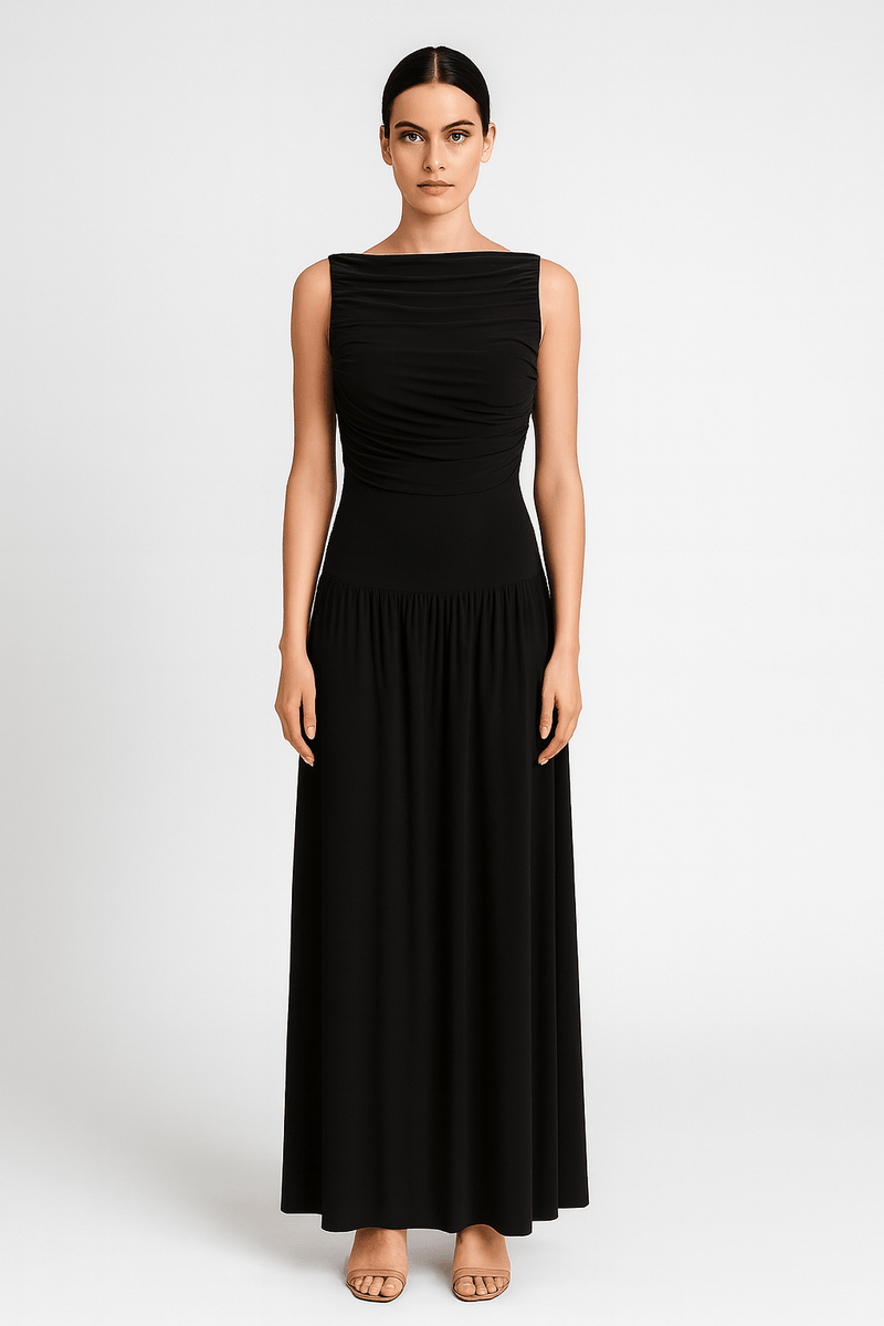 Draped bodice jersey flowy skirt style evening dress, elegant soft fabric gown front look black color