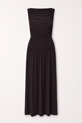 Draped bodice jersey flowy skirt style evening dress, elegant soft fabric gown black color