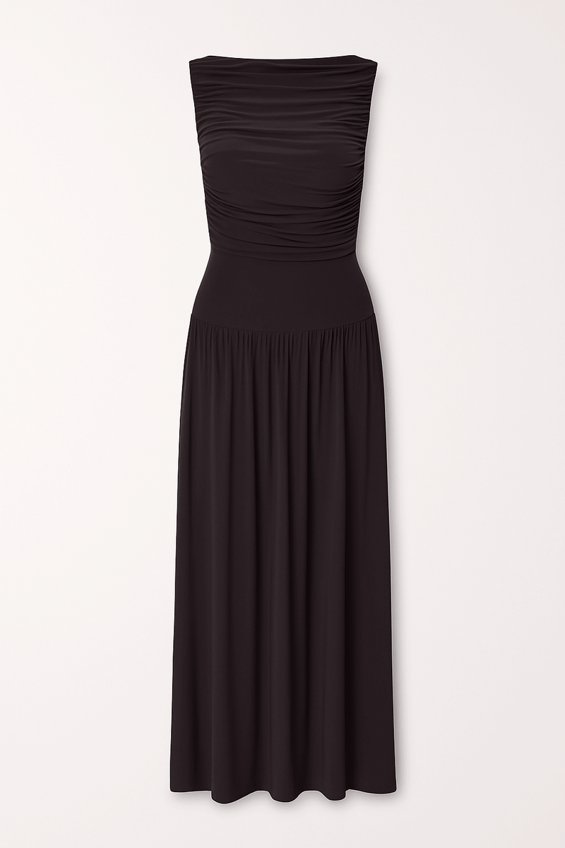 Draped bodice jersey flowy skirt style evening dress, elegant soft fabric gown black color