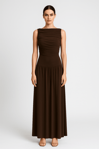 Draped bodice jersey flowy skirt style evening dress, elegant soft fabric gown for women front